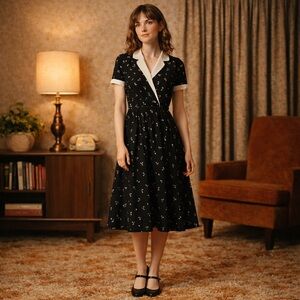 Joan Of California Floral Print Vintage Midi Dress Minimalist Dark Academia XS